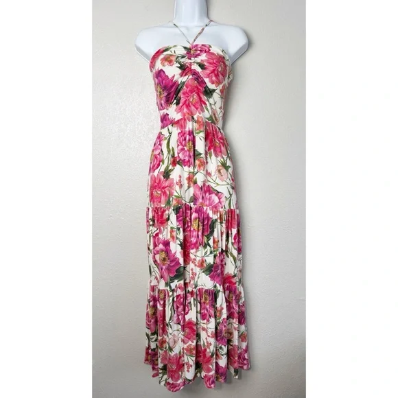Express floral halter neck open back maxi sun dress L - Picture 3 of 12